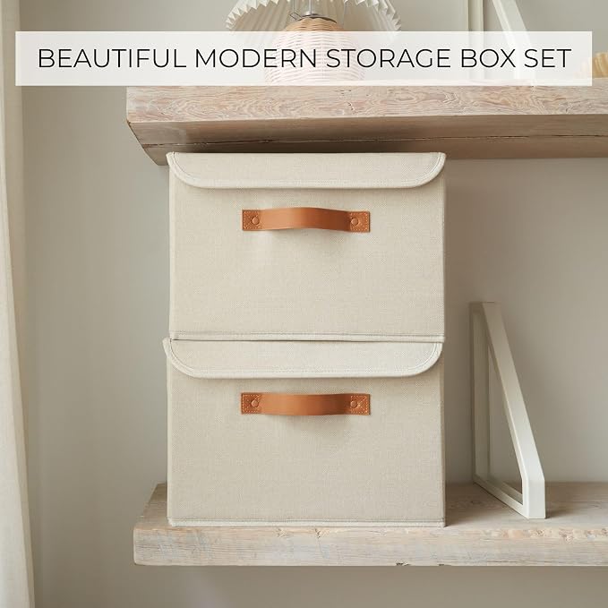 Decorative Linen Storage Boxes with Lids - Large Set of 2 Organizer Bins | The Perfect Container for Home Decor - Safely Store Photos, Documents and Memory Box Keepsakes in Style - Image 3