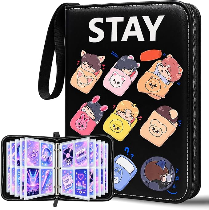 Kpop Photocard Binder, 400-Pocket STAY Cute Trading Card Album with 50 Double-Sided 4-Pocket PP Pages, Zipper PU Leather Card Holder for Photo Cards, Lomo Cards & Collectibles (Dark, 4 Pockets) by Kefeikj