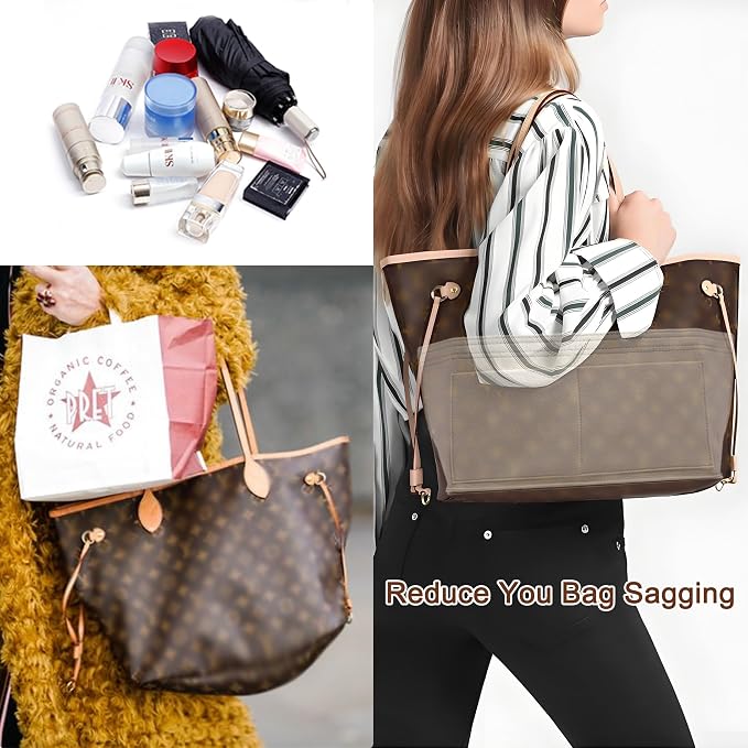 Doxo Purse Organizer Insert for Handbags & Base Shaper 2pc Set, Felt Neverfull MM Organizer Insert, Tote Bag Organizer with Zipper Pocket and Bottle Holder, Fit Speedy 30 Neverfull MM and More,Beige-L - Image 9