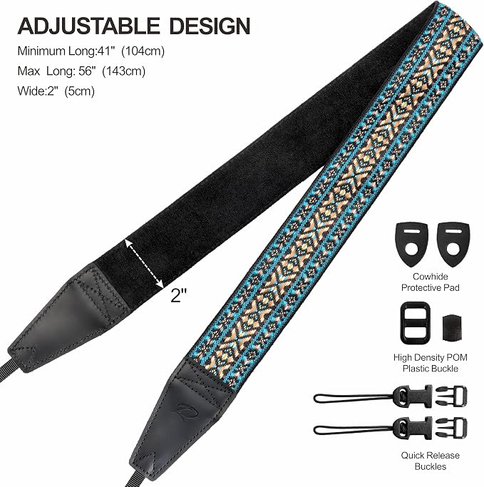 Padwa Lifestyle Boho Blue Camera Strap - 2" Full Grain Leather Ends Camera Straps for Photographers, Vintage Embroidered Cotton Weave Soft Suede Fabric Padded Strap Quick Release fits All Cameras - Image 6