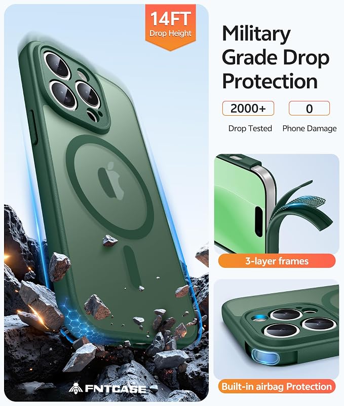 FNTCASE for iPhone 14 Pro Max Case, Fit for Magsafe, Glass Screen Protector | Full Camera Protection, Translucent Matte, 14FT Military Grade Drop Proof, Shockproof Protective Phone Cover, Green - Image 5