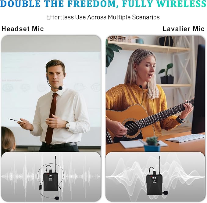 4 Channel Wireless Lapel Microphone System with 4 Headset Mics, 4 Lavalier Mics, UHF Metal Receiver, 4 Bodypacks, Independent Volume Control, 262ft Range for Home, Classroom, Church, Events - Image 2