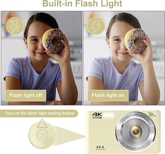 Digital Camera for Teens, 4K 44MP FHD 16x Zoom Point Shoot Camera 64GB Card | Autofocus, Fill Light, Webcam Mode, Continuous Shooting, Time-Lapse, Filters, Easy Operation, Ideal for Beginners Kids - Image 7