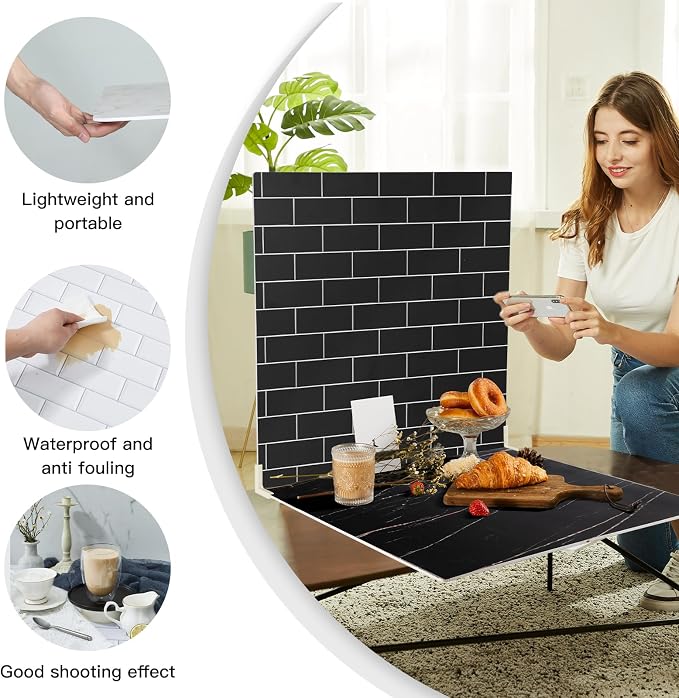 2-Sided 2 PCS Photo Backdrop Boards, Subway Tile Flat Lay Food Photography Background Board, Durable Waterproof Product Food Photography, 24x24 Inch, BEIYANG - Image 3