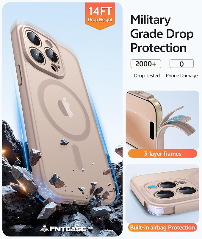 FNTCASE for iPhone 14 Pro Max Case, Fit for Magsafe, Glass Screen Protector | Full Camera Protection, Translucent Matte, 14FT Military Grade Drop Proof, Shockproof Protective Phone Cover, Desert Gold - Image 5