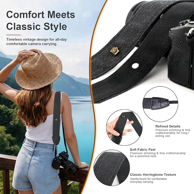 Camera Strap, Adjustable Neck & Shoulder Strap with Quick Release Buckles | Comfortable Cotton-Feel Black Herringbone Strap with 4 Quick Release Buckles, DSLR, Mirrorless Camera & Camcorder Compatible - Image 2