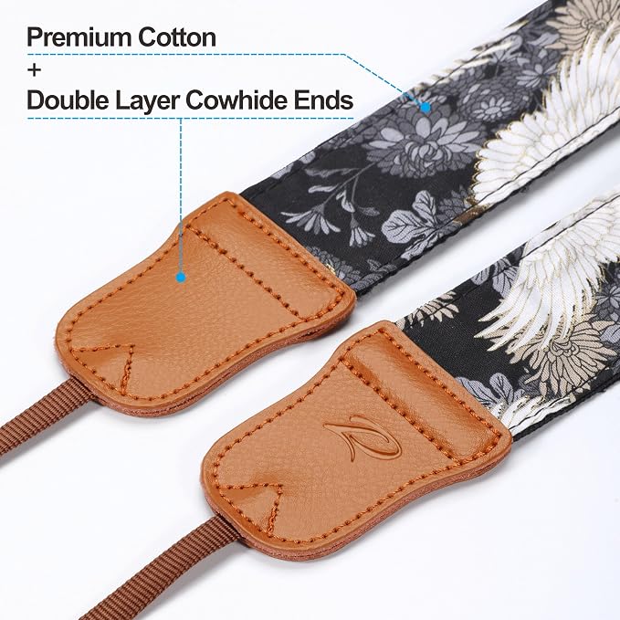 Padwa Lifestyle Camera Strap - 2" Cowhide Leather Head Cotton Camera Straps for Photographers,Vintage Japanese Art Print Adjustable Neck & Shoulder Strap for ALL DSLR/SLR Cameras(Grey Crane) - Image 2