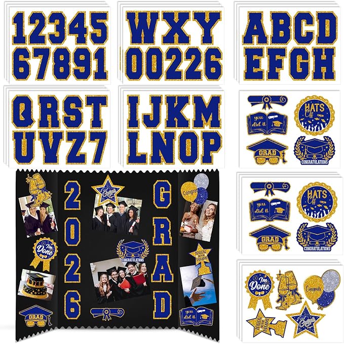 Glenmal Blue Gold Graduation Photo Display Board Sticker Class of 2026 Picture Display Stickers Accessories for 2026 Grad Party College Board Photo Frame Decor (12x9inch,3.9x4.7inch) by Glenmal
