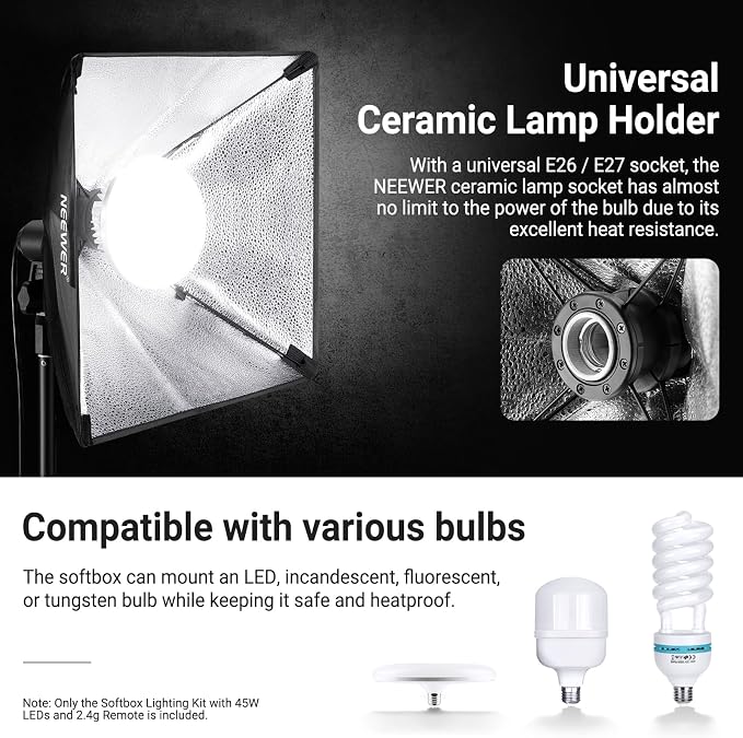 NEEWER 24"x24" 450W Equivalent Softbox Lighting Kit w Tripod Stand, NK104 | 45W Bi Color 2.4G LED Bulb, Remote, 10 Channels, 2900K-7000K 1400lx/1m CRI95, Studio Photography Recording Continuous Light - Image 7
