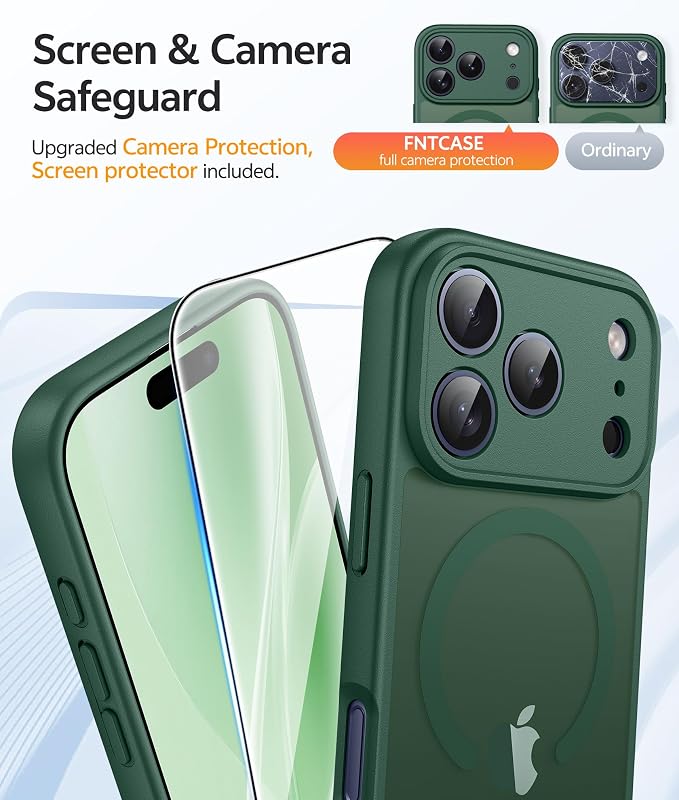 FNTCASE for iPhone 17 Pro Max Case, Fit for Magsafe, Screen Protector Green | Full Camera Protection, Translucent Matte, 14FT Military Grade Drop Proof, Shockproof Protective Phone Cover, Green - Image 4
