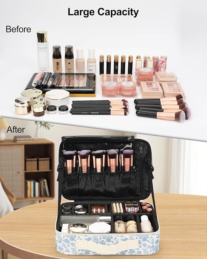 Relavel Makeup Bag Travel Train Case for Women and Girls, Cute Cosmetic Storage Organizer Box Portable Shoulder Bag with Adjustable Dividers and Makeup Brush Comparment, Floral Print - Image 6