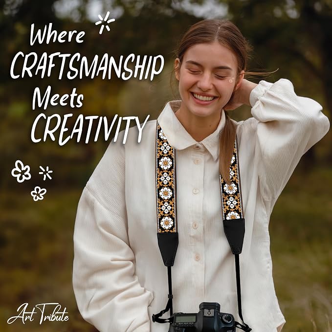 Art Tribute Camera Strap - Shoulder, Crossbody & Neck Camera Strap for Photographers, Fits All Cameras, Canon Nikon Sony Fujifilm, Padded Strap W/Quick Release, Embroidered Cotton & Leather Ends - Image 8
