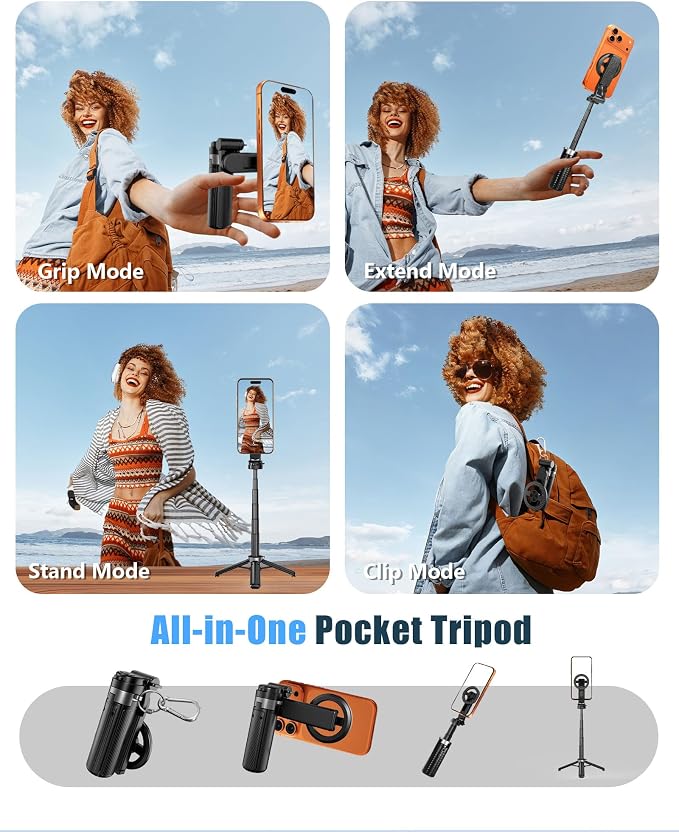 Tripod for iPhone, 3-in-1 Magnetic Pocket Selfie Stick Tripod with Remote, 360° Rotation Portable Cell Phone Tripod Stand, Extendable Mini Tripod for iPhone Magsafe (Magnetic Mount) - Image 2