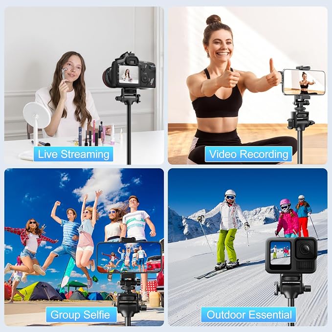 Fugetek 62" Professional Cell Phone Tripod, Ultra Stable 4 Leg Design, Bluetooth Remote, 100% All Aluminum Stick & Legs, Portable All in One, 360° Phone Mount with 2 Cold Shoe Slots, Non Skid Feet - Image 6