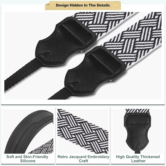 FIEIL Neck Strap Silicone Camera Straps - Padded Camera Strap, 1.5" Wide Adjustable Neck Strap - Compatible with Canon, Nikon, Sony, and More DSLR and Mirrorless Cameras (Black and White Stripes) - Image 3