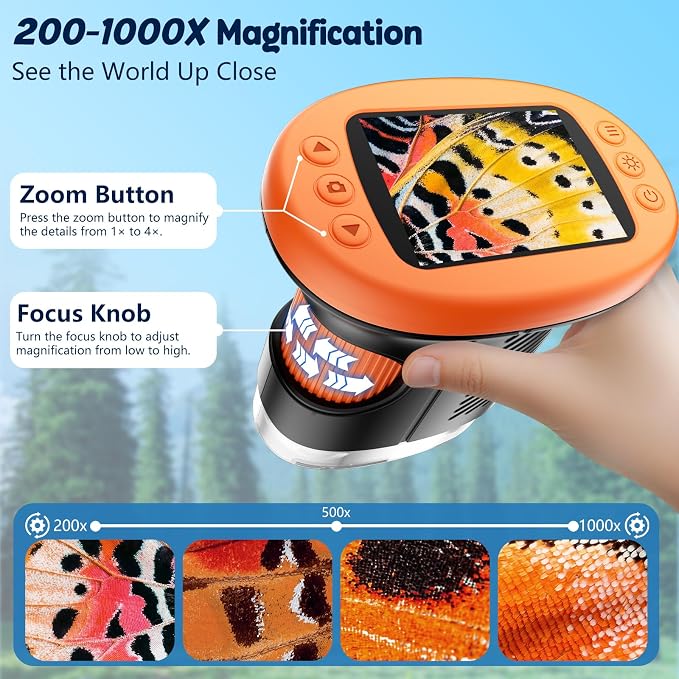 Odatay 2.4" 4K 1000X Digital Kids Microscope with 32G Card 12 Slides Orange | Long distance viewing, portable handheld edu gift toys for age 3-12, exploring bugs plants at home classroom & outdoor travel - Image 5