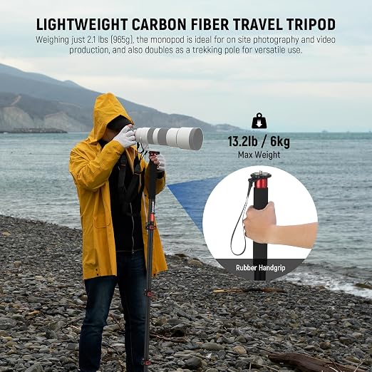 NEEWER 67.7" Camera Monopod Stand, Lightweight Carbon Fiber Travel Tripod with Detachable Base for DSLR Camcorder Video Recording, Telescopic Selfie Stick Trekking Pole, Max Load 13.2lb, TP71 - Image 2