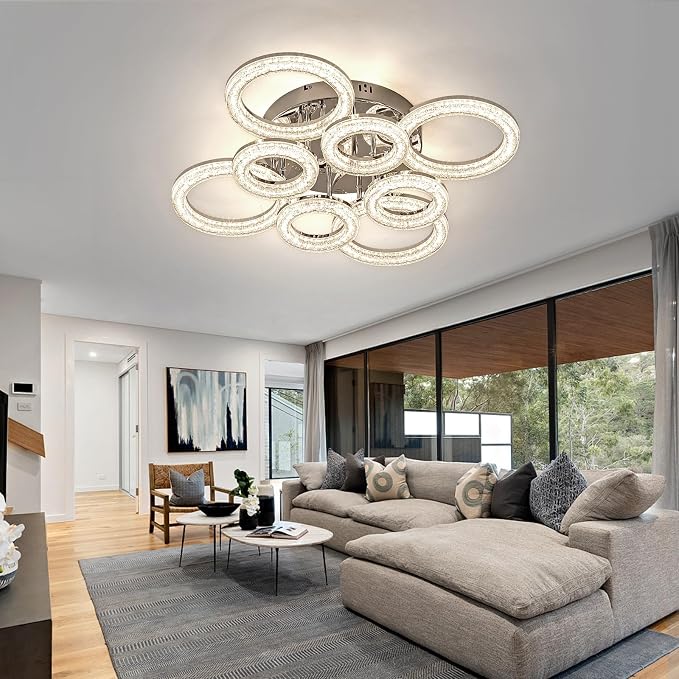 Modern Ceiling Light, 8 Rings 26.8'' Dimmable LED 106W Flush Mount Ceiling Lights with Remote Acrylic Crystal Round Ceiling Light Fixture, Bedroom Living Room Dining Room, Chrome - Image 7