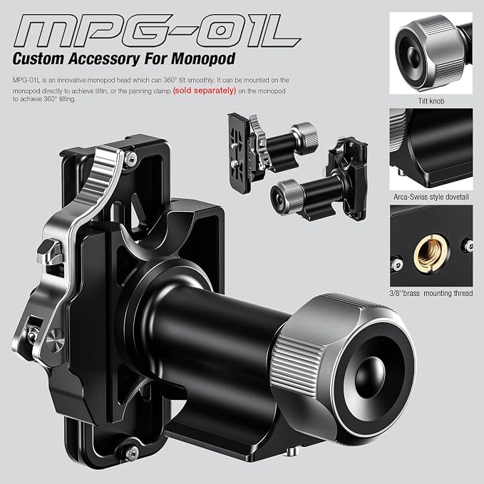 Leofoto Monopod Gimbal Head, 360° Tilt Birdwatching Photography Head for Monopods, 3/8" Mounting Hole and Arca-Type Quick Release Clamp for Panning Clamp/L Plate, Max Load to 10kg/22.05lb (MPG-01L) - Image 2