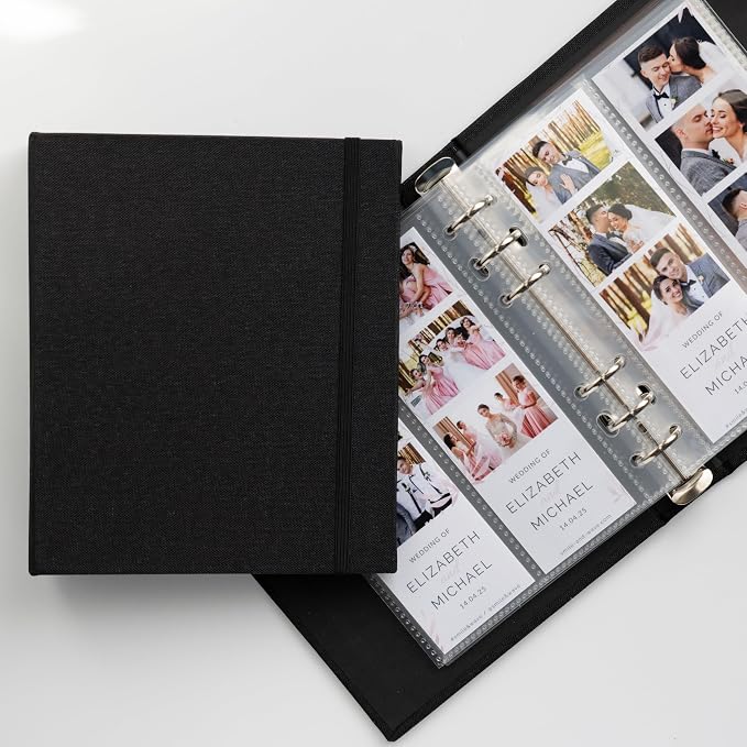 Photo Album For 2X6 Photo Booth Slip In Strips And 4X6 Pictures - 6 Ring Notebook Binder With 20 2 By 6 Sleeves - Fits 80 Photobooth Prints (JET BLACK - LINEN HARDCOVER, 2X6) by SMILEWAVE