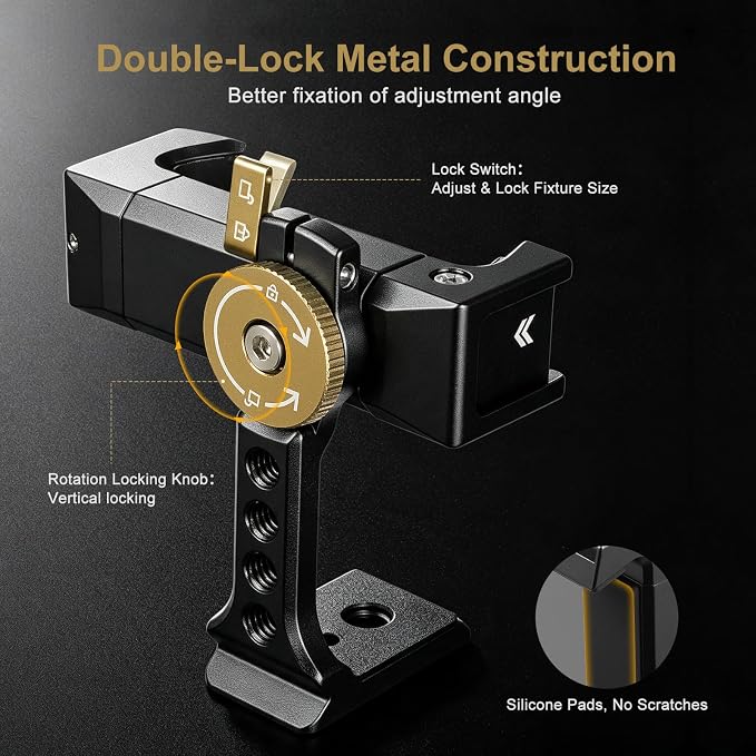 Minifocus Metal Phone Tripod Mount | 1/4" Threads with Cold Shoe|360° Rotatable Phone Clamp|Compatible with sellphone for Selfie Stick|Tripod|Streaming - Image 2