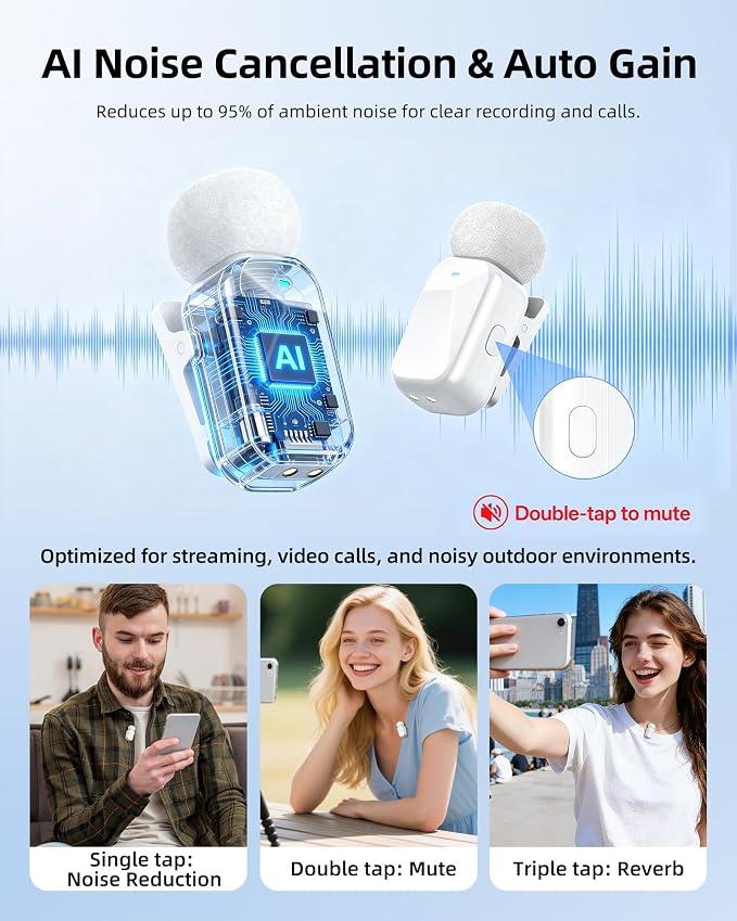 mini 2 Wireless Lavalier Microphones for iPhone 16/17 & Android, AI Noise Cancellation, App Control, 30H Battery with Charging Case, Lapel Microphone Wireless for Video Recording White - Image 6