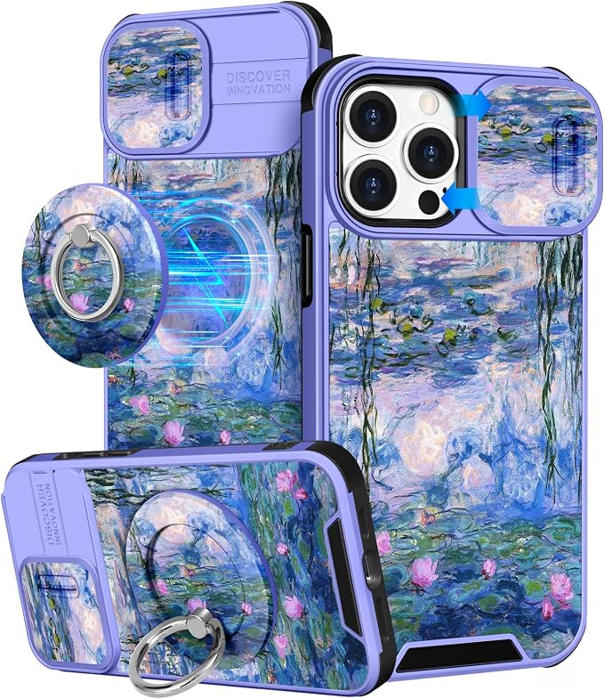 Buleens for iPhone 15 Pro Case 6.1 Inch - with Ring Stand & Camera Cover Aesthetic Cute Designed for Women Girls Girly Pretty Blue Water Lily for Phone Case for iPhone 15 Pro Compatible with Magsafe by Buleens