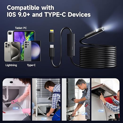 [Dual-Lens] Endoscope Camera with Light, 1920P HD Borescope with 8+1 Adjustable LED Lights, IP67 Waterproof 16.5FT Semi-Rigid Snake Cord Inspection Camera for iPhone, iPad and Android Phone (Type C) - Image 5