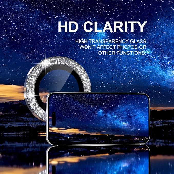 Choiche for iPhone 17 Camera Lens Protector Bling, Glitter-Silver | Ultra HD, 9H Tempered Glass Camera Cover Screen Protector Metal Individual Ring Decoration Accessories, 2-Lens, 6.3-inch - Image 5