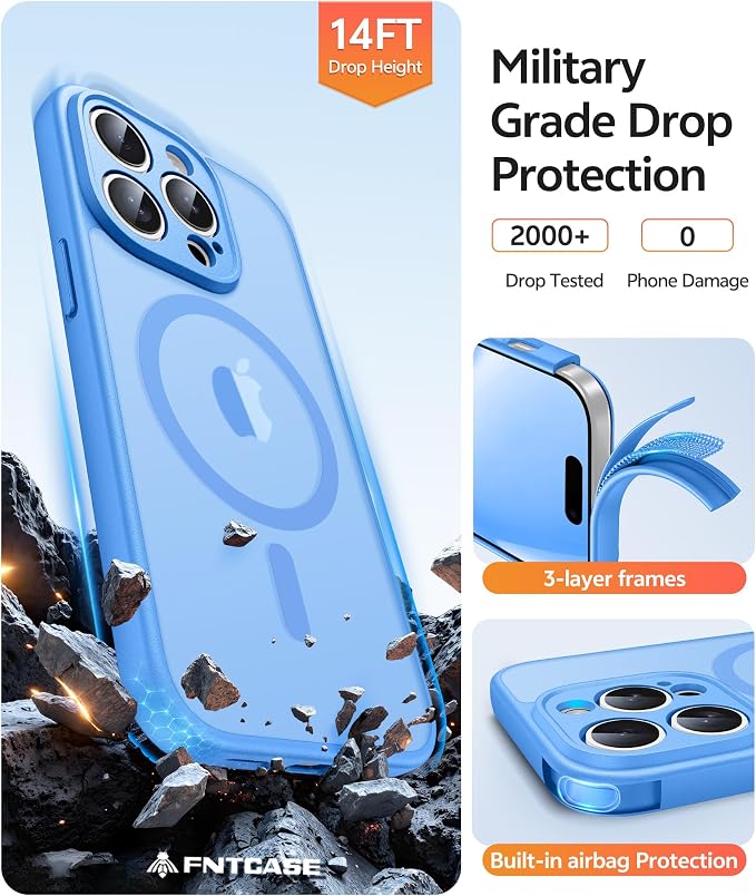 FNTCASE for iPhone 14 Pro Case, Compatible with Magsafe, Screen Protector | Full Camera Protection, Translucent Matte, 14FT Military Grade Drop Proof, Shockproof Protective Phone Cover, Ice Blue - Image 5