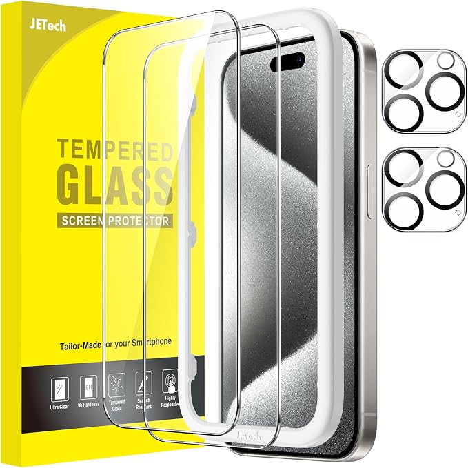 JETech Screen Protector for iPhone 15 Pro, 2+2 Pack | with Camera Lens Protector, HD Clear Tempered Glass, Anti-Scratch Protection, Easy Installation Tool by JETech