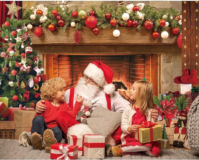 8x6ft Polyester Fabric Christmas Fireplace Backdrop Vintage Xmas Tree Sock Background Photography for Kids Portrait Party Decorations Photo Studio Booth Props Decor Supplies - Image 3