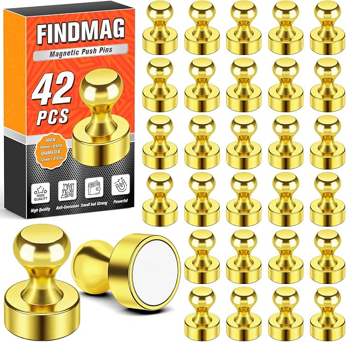 FINDMAG Fridge Magnets, Magnets for Whiteboard, Office, 42 Pack, Gold | Magnetic Push Pins for Pictures and Photos Display on Refrigerator, Kitchen, Accessories Decorative, Reusable Design by FINDMAG