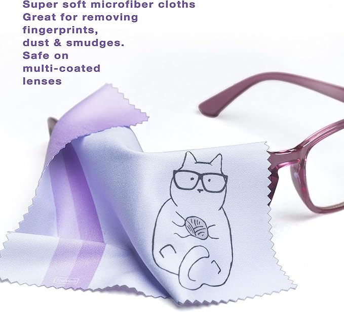 10 Pack Cute Kitty Cat Design Multicolor Microfiber Cleaning Cloths for Cleaning Eyeglasses Lenses Sunglasses and Cell Phone Beautifully Designer Colors Blue Pink Yellow Purple Green Cloth Wipes - Image 2