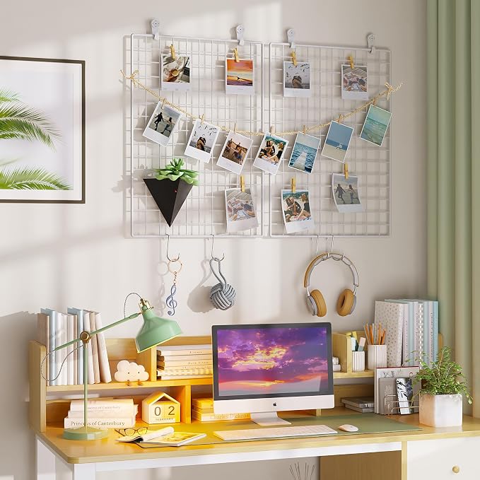 C&AHOME Photo Wall Display Set of 2, Wall Grid Panel, 17.7" x 25.6", White | Photo Display Shelves, Wall Storagae Organizer, Grid Panel, Hooks, Clips, Hemp Cord, Hammer - Image 3