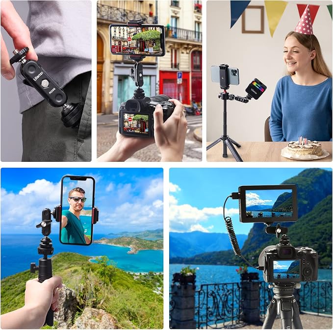 R098 Cold Shoe Monitor Mount, 1/4" Rotatable Dual Ballhead Hot Shoe Mount | Microphone Fill Light Camera Monitor Swivel Bracket Compatible with DJI OSMO 360/Pocket 3/Pocket 4/Insta 360 x 5/Sony/Canon - Image 3