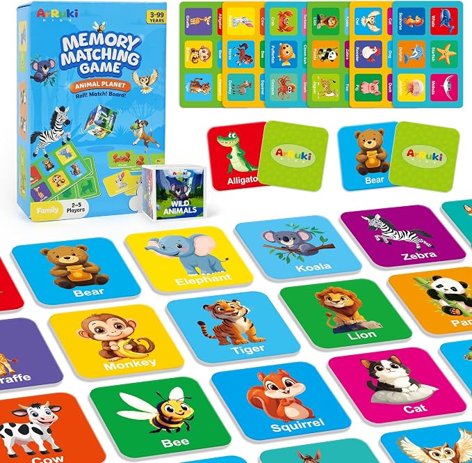 72 PCS Memory Matching Game with Dice | Animal Memory Board Game | Vegetable Link Print---comes with Storage Case, Memory Cards Concentration Game for Ages 3 and Up by ArRuKiKIDS