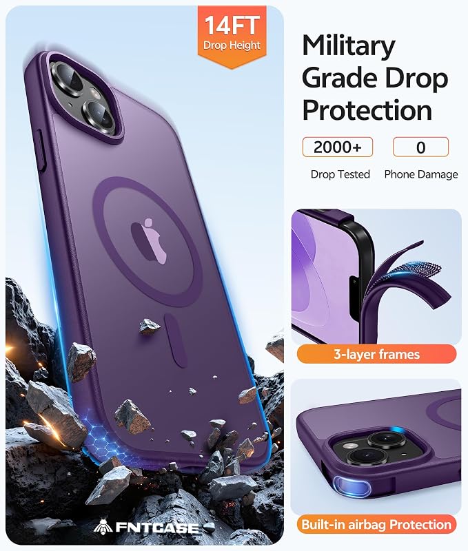 FNTCASE for iPhone 15/14 Plus Case, Fit for Magsafe, Screen Protector | Translucent Matte Magnetic Back, 14FT Military Grade Drop Protection, Shockproof Protective Phone Cover, Purple - Image 5