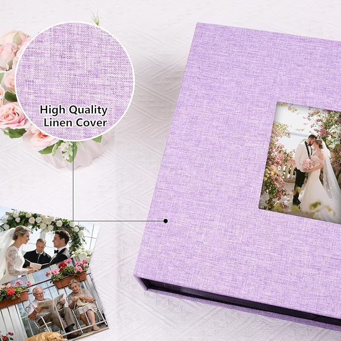Aevdor Large Capacity 4x6 Photo Album, 1000 Photos, Linen Cover, Purple | Black Inner Pages, 3 Horizontal and 2 Vertical Pockets per Side, Front Photo Window, Family, Wedding & Travel Memories - Image 6
