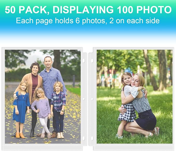 50 Pack 8 x 10 Photo Sleeves for 3 Ring Binder(100 Pictures) | Heavy-Duty Archival Photo Page Protectors, Clear Picture Album Refill Pages Holds, Acid-Free - Image 3