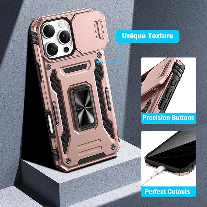 VEGO for iPhone 16 Pro Max Case with Privacy Screen Protector Rose Gold | Slide Camera Cover & Ring Kickstand Military Grade Heavy Duty Protection Cover for iPhone 16 ProMax - Rose Gold - Image 7