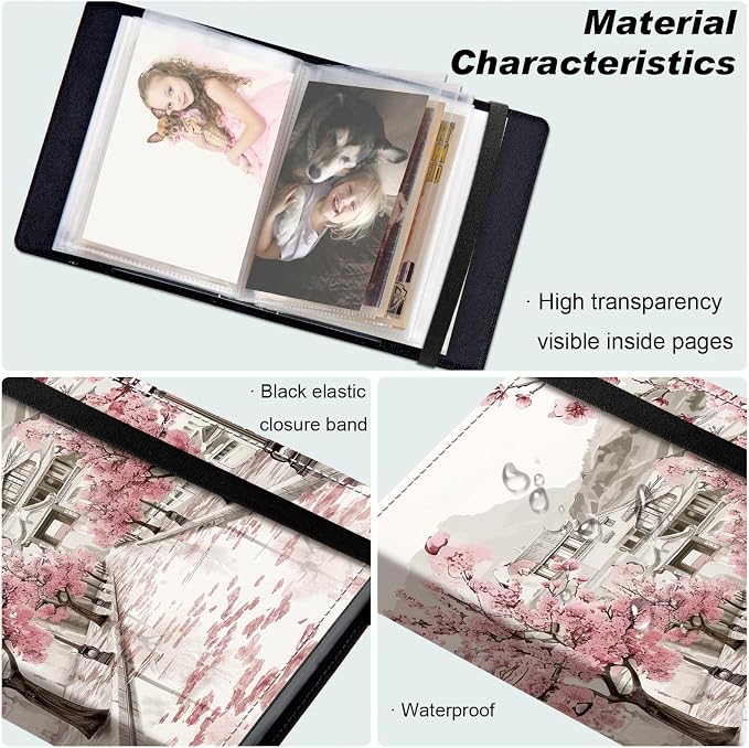 DEGDFSGR Small Photo Album 4x6 60 Pockets 120 Photos - Adventure Book Baby Photo Albums Photo Books for 4X6 Pictures Memory Book with Black Elastic Band for Photo Storage, Cherry Blossom - Image 5