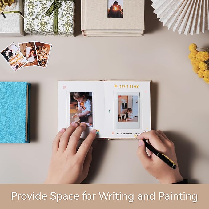Instax Mini Photo Album with Writing Space, Linen Cover, Grey | Compatible with 2x3 inch & Polaroid Pictures, 28 Recessed Clear Pockets, Wedding Guest Book and Family Memories - Image 4