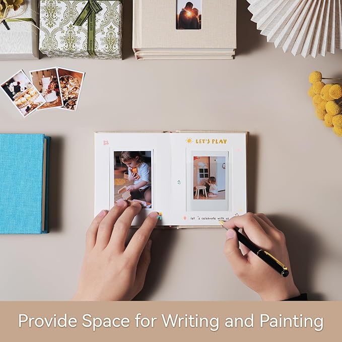 Instax Mini Photo Album with Writing Space, Linen Cover, Beige | Compatible with 2x3 inch & Polaroid Pictures, 28 Recessed Clear Pockets, Wedding Guest Book and Family Memories - Image 4
