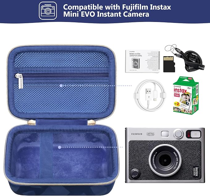 Carrying Case Compatible with Instax Mini EVO Instant Camera, INSTAX MINI EVO Camera Storage Holder Travel Bag with Mesh Pocket for Photos, USB Cables, Film, Blue - Image 2