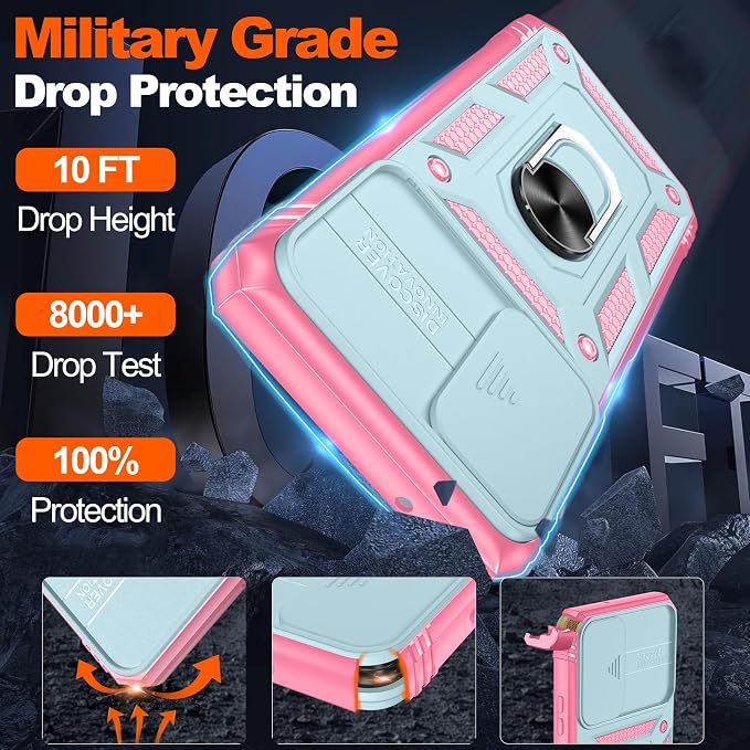 Gritup for Samsung Galaxy S21 FE 5G Case with 2PCS Screen Protector, Build in 360° Rotating Ring Kickstand, Military Grade Protective Case for S21 FE Phone, Green+Pink - Image 3