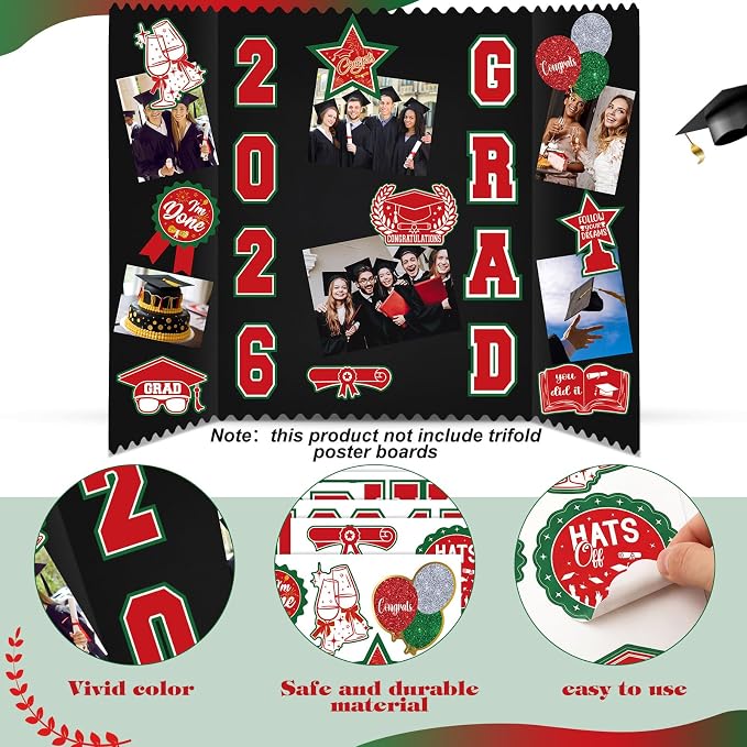 Glenmal Red White Green Graduation Photo Display Board Sticker Class of 2026 Picture Display Stickers Accessories for 2026 Grad Party College Board Photo Frame Decor (12x9inch,3.9x4.7inch) - Image 3
