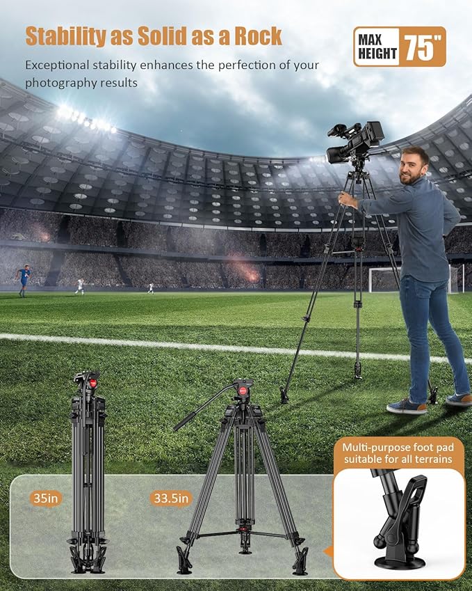 CAMBOFOTO 74"/190cm Video Tripod, Heavy Duty Tripod for Camera, Fluid Head | Professional Tripod with 2 Quick Release Plates(3/8" & 1/4"), Smooth Friction Damping for DSLR Camcorder Telescope, 20lb Load - Image 2