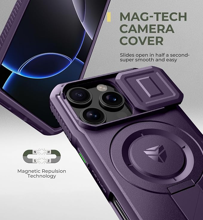 Dexnor for iPhone 16 Pro Case with Slide Camera Cover & Adjustable Kickstand, Magnetic Rugged Shockproof Bumper Cases Heavy-Duty Mangetic Protective Cover,Phantom Purple - Image 4