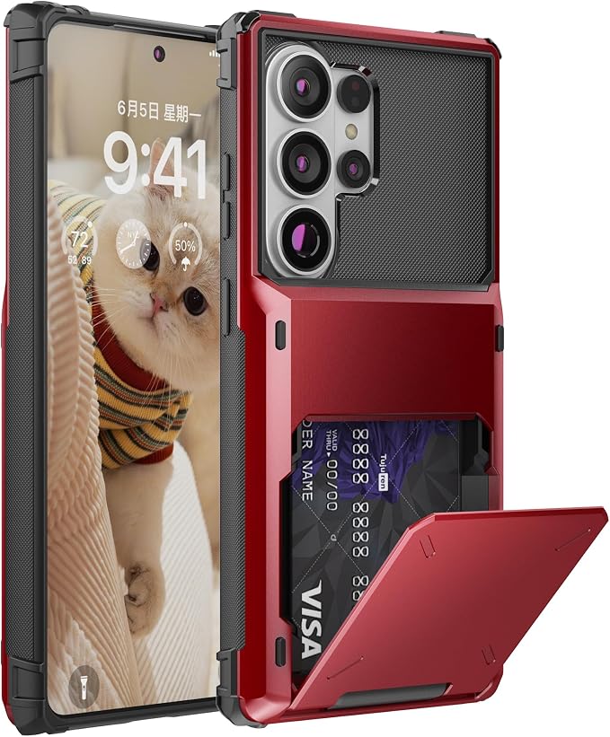 Foluu Wallet Case for Samsung Galaxy S26 Ultra with Card Holder, 5 Credit Hidden Card Slot Flip Cover Dual Layer Protective Hard PC Back & Soft TPU Bumper Case for Galaxy S26 Ultra 2026 (Red) - Image 9
